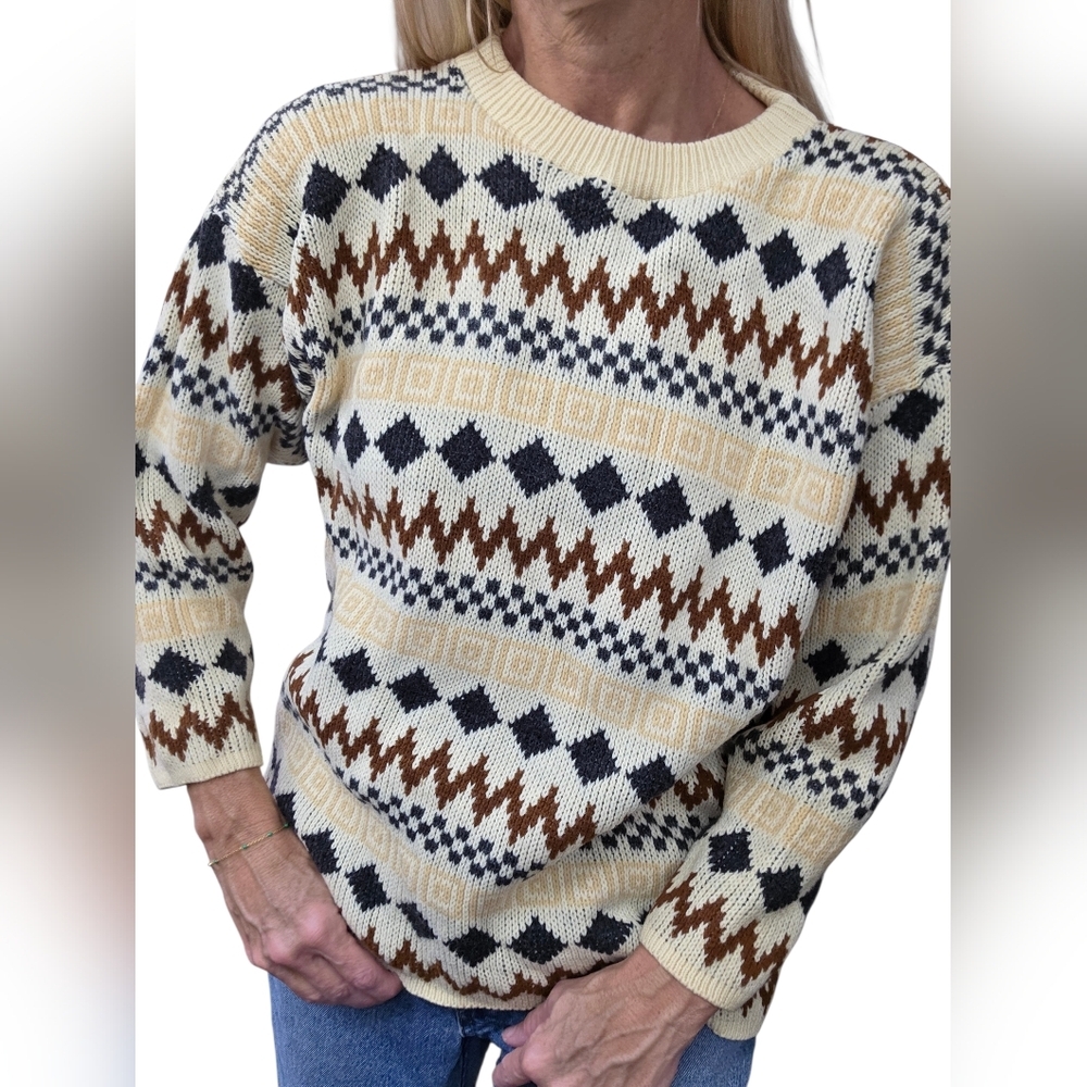 Vintage 80s Star Cody Fair Isle Nordic Geometric Grandpa Knit Sweater